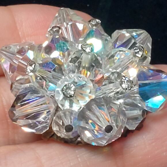 Antique 1930s Aurora Borealis Crystal Cluster Atomic Brooch Vtg Unsigned 1.5" - Picture 1 of 8